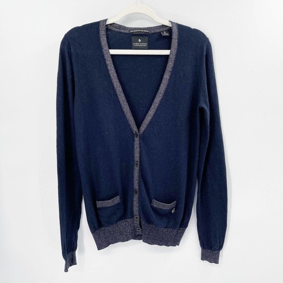Maison Scotch Wool Star Leather Elbow Patch Cardigan Sz M Blue V-Neck Button Up - Picture 1 of 9